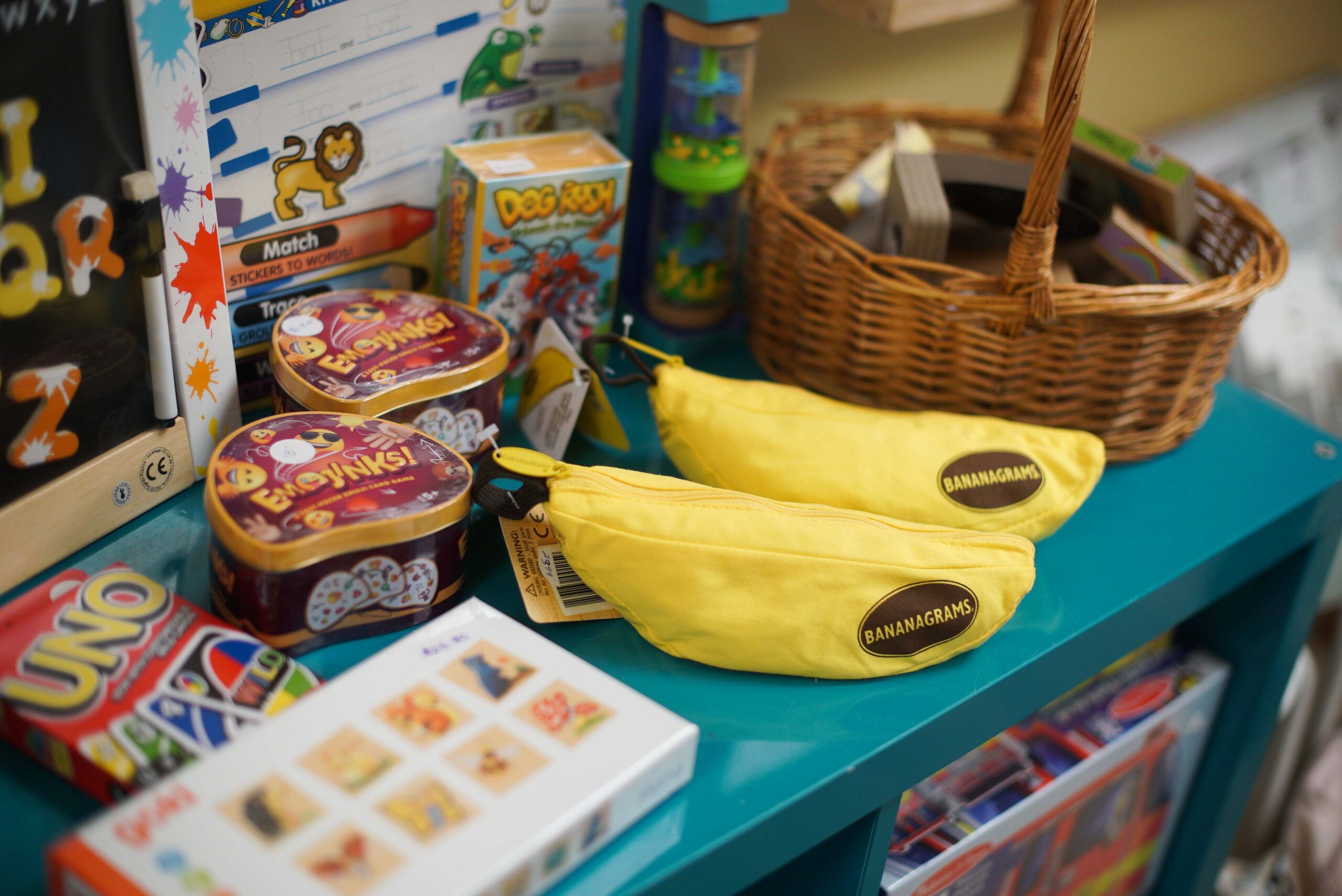 children's toys with two banana pouches on a table