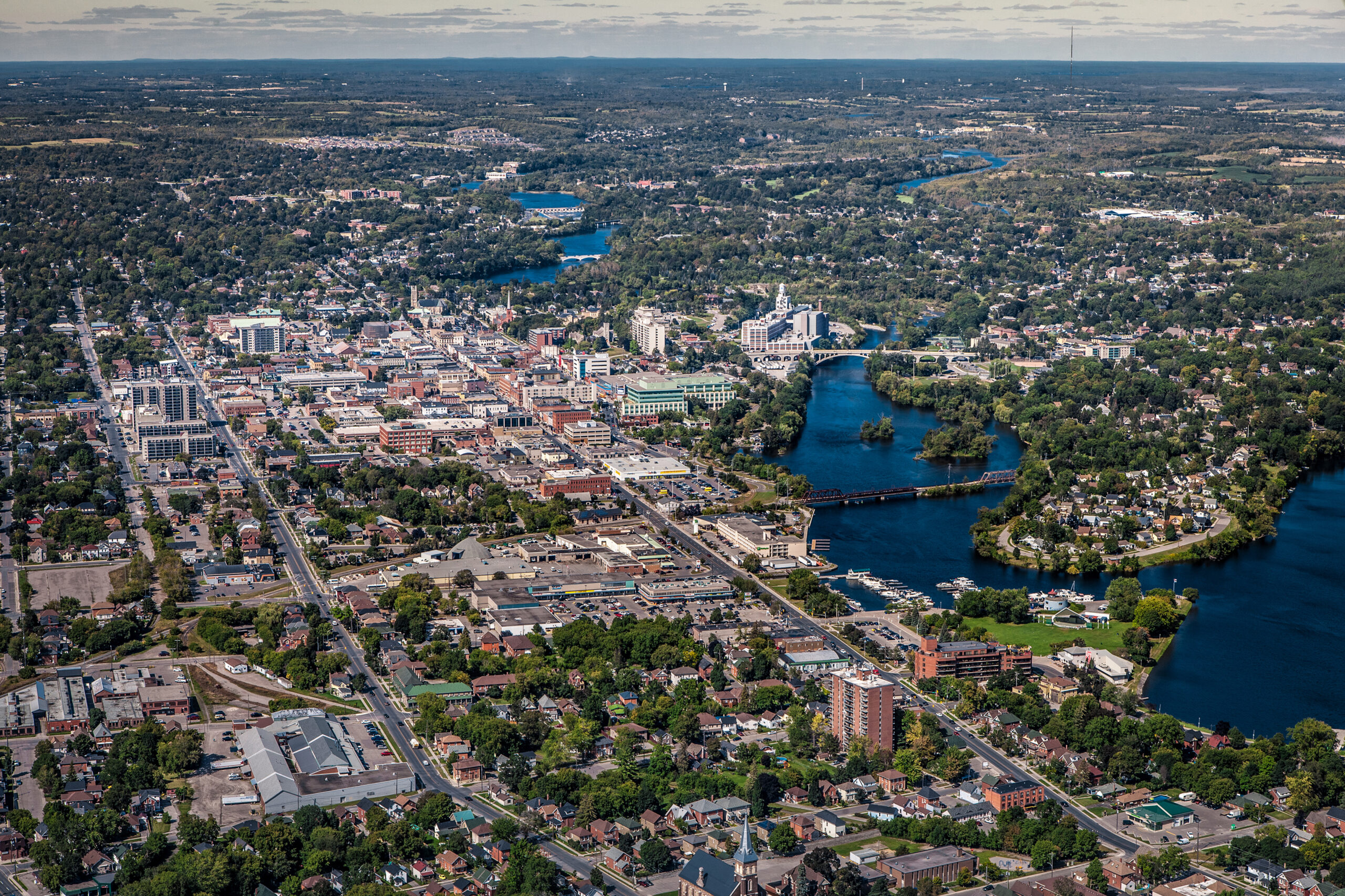 scenic aerial view of Peterborough and kawartha