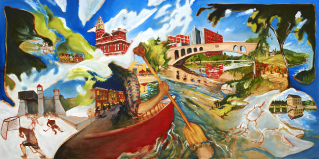 An oil painting showing tourism related activities