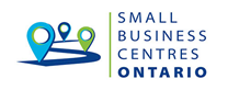An icon of a road with three map pins and the words Small Business Centres Ontario