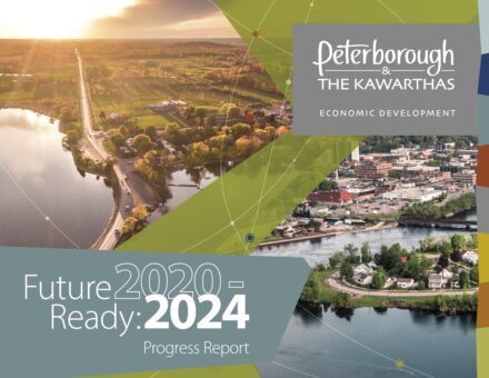 Front cover of Future Ready Progress Report. Split image of City of Peterborough and County of Peterborough landscapes with document title