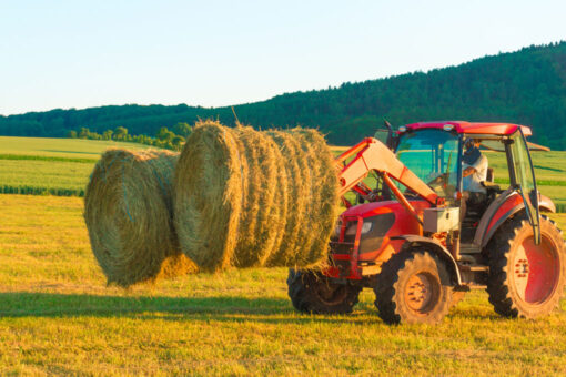 a tractor carries hay