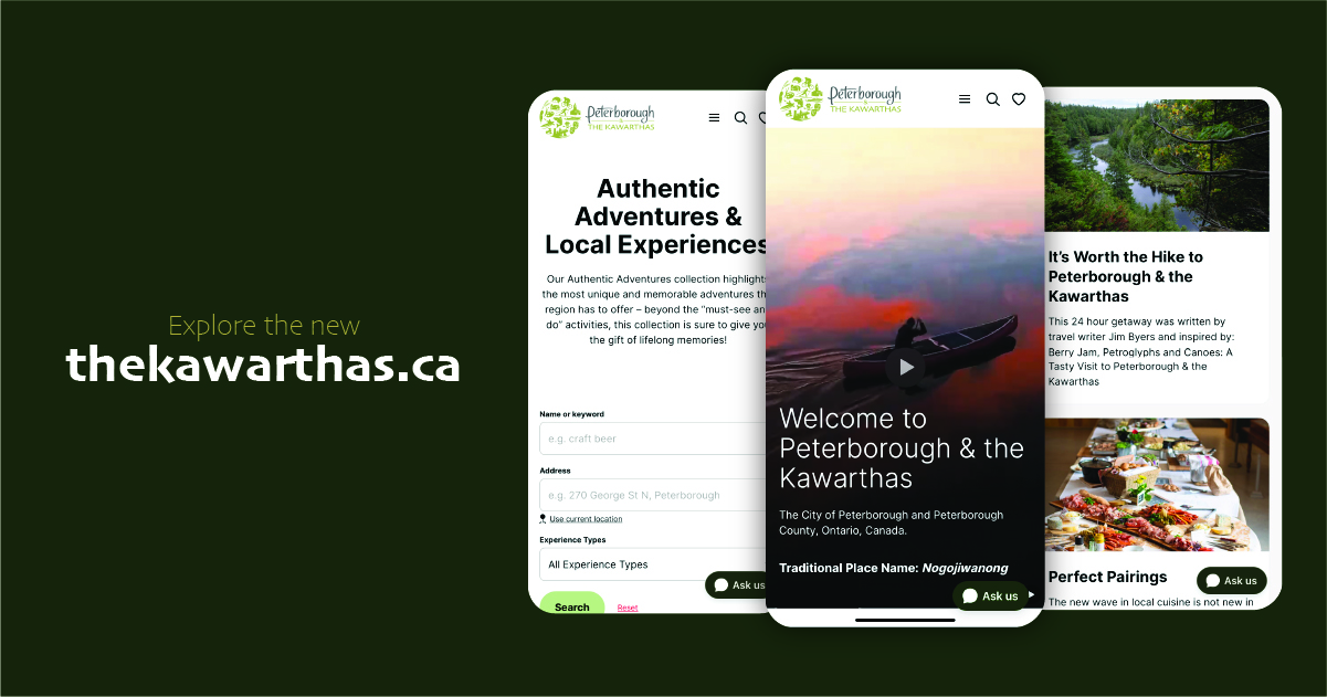 promo graphic for new kawarthas.ca website with screen shots of website on mobile devices