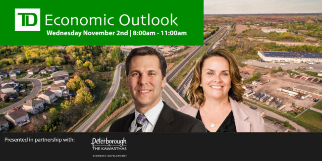 Cut out of man and woman in front of aerial shot of highway. Graphic reads: TD Economic Outlook. Wednesday November 2 from 8:00am to 11:00am. Presented in partnership with Peterborough & the Kawarthas Economic Development