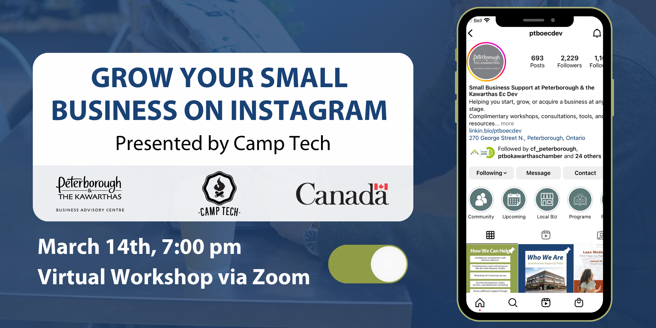 Grow Your Small Business on Instagram: Presented by Camp Tech. March 14 at 7:00pm virtually on Zoom