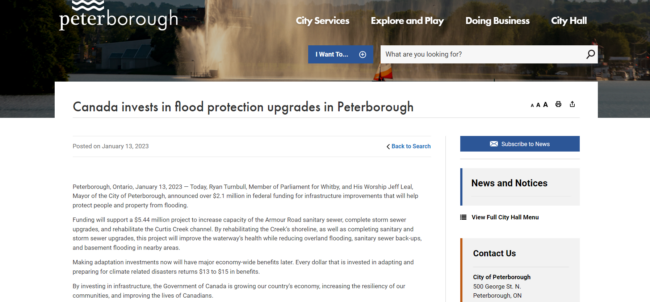Screenshot of news from City of Peterborough website