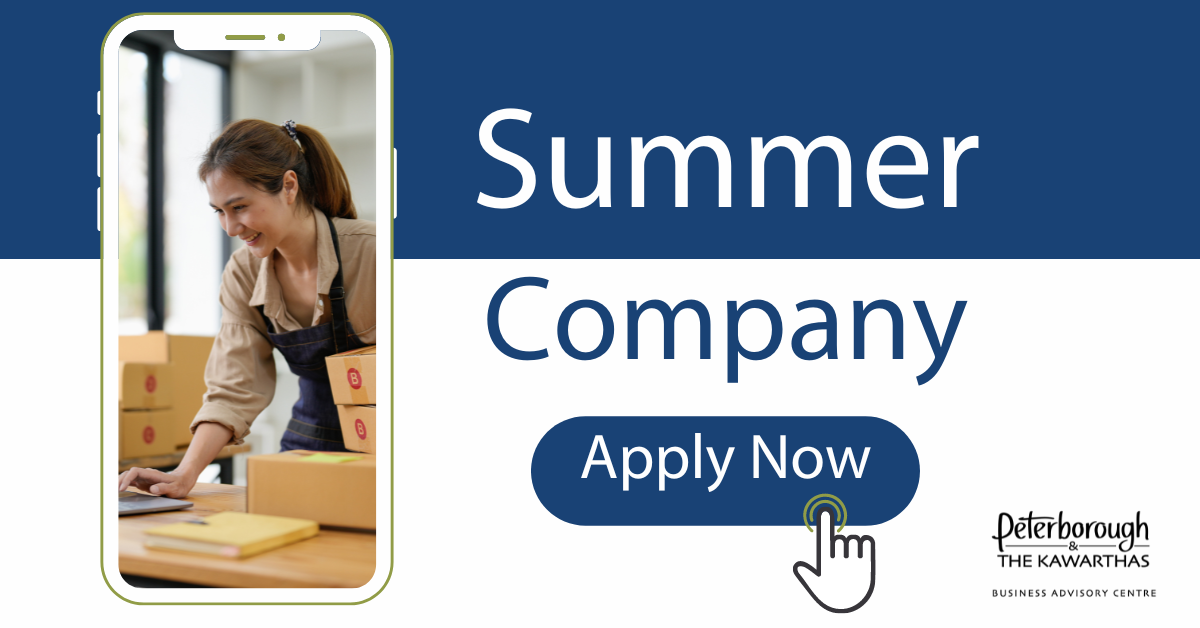 Summer Company Program Graphic. Photo includes a youth entrepreneur leaning over a table with boxes in her hands. Text reads: Summer Company, Apply now