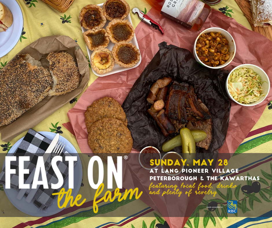 image of various food items on a picnic blanket with graphic banner over top that reads Feast on the Farm
