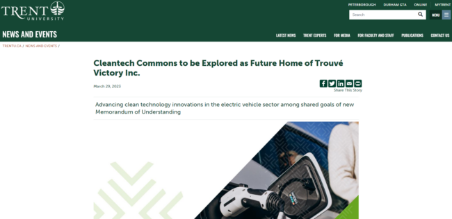 Screenshot of Cleantech Commons news on Trent University news site.