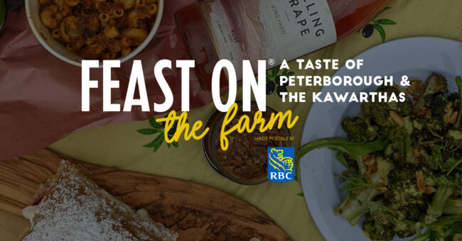 Feast on the Farm: A Taste of Peterborough & the Kawarthas graphic. In the background is a picnic blanket with local food offerings spread out.