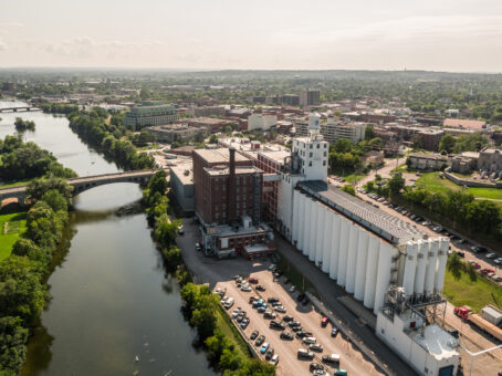 aerial view of Quaker Oats facility on the banks of the Otonabee River