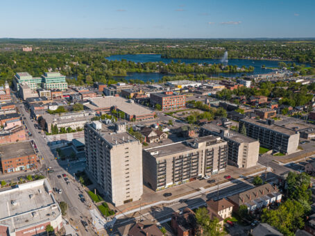 aerial view of apartment buildings in Peterborough with lake in the background