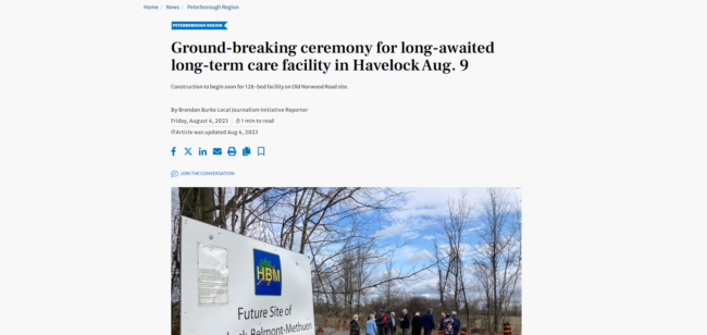 Screenshot of Peterborough Examiner article. Text reads: Ground-breaking ceremony for long-awaited long-term care facility in Havelock Aug. 9