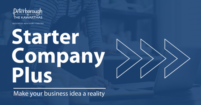 Graphic with a photo of a person leaning over a laptop in the background with a blue tint. Text on top reads: Starter Company Plus; make your business idea a reality