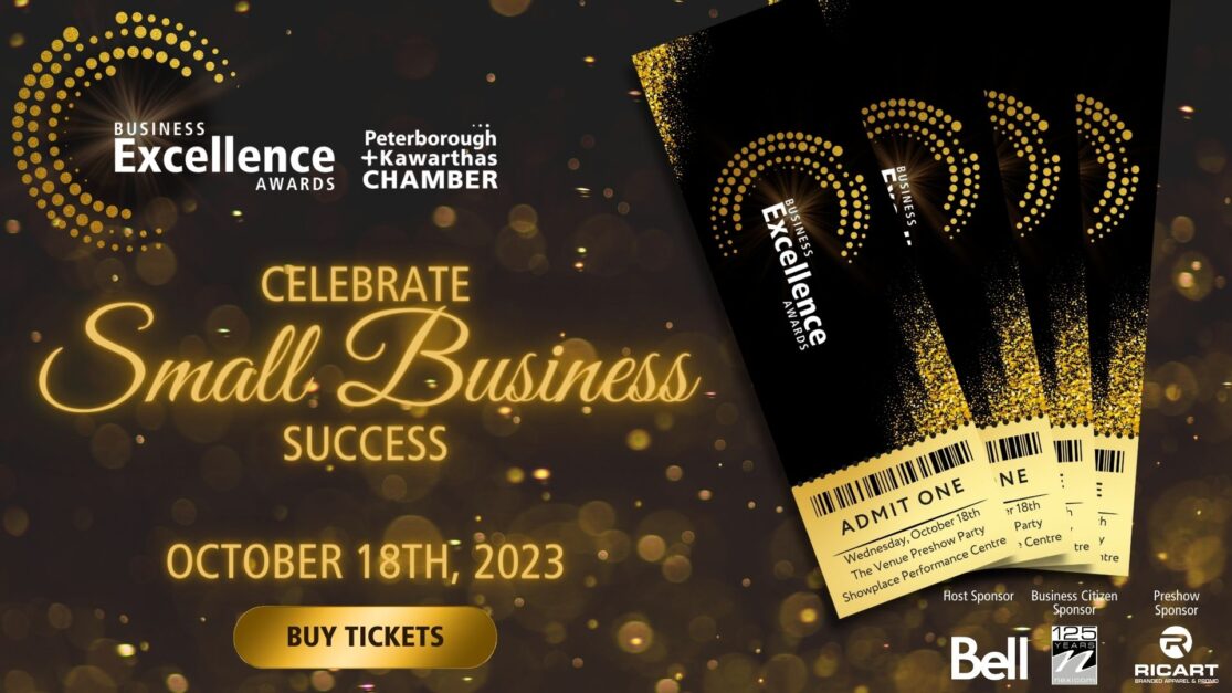 Small Business Week Event graphic. Black. Background is black with gold lights. Four tickets are on the right hand side of the graphic and the text reads: Celebrate Small Business Success October 18th, 2023. Buy Tickets.