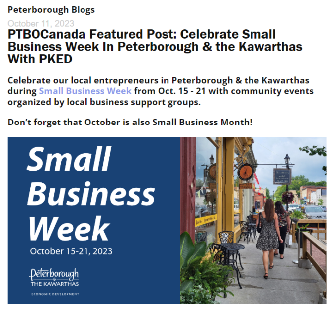 Screenshot of PTBOCanada Featured Post with Small Business Week graphic