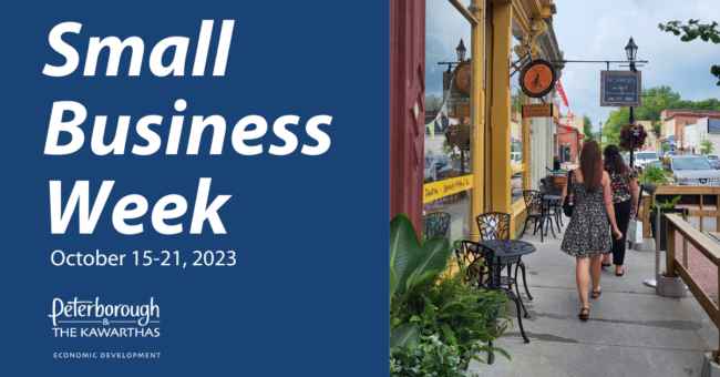 Downtown Millbrook streetscape of local shops and two women shoppers walking down the sidewalk on the right hand side with a blue block with text that reads Small Business Week October 15-21, 2023 on the left hand side.
