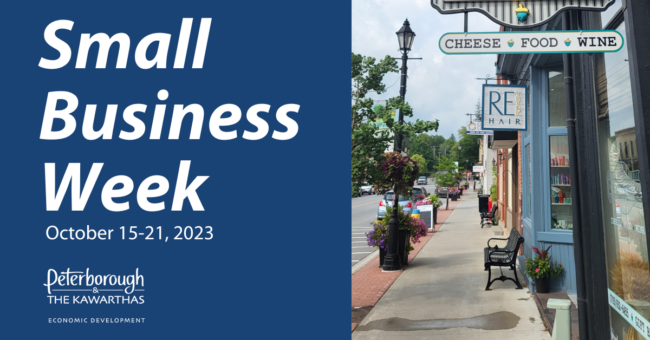 Downtown Millbrook streetscape of local shops on the right hand side with a blue block with text that reads Small Business Week October 15-21, 2023 on the left hand side.
