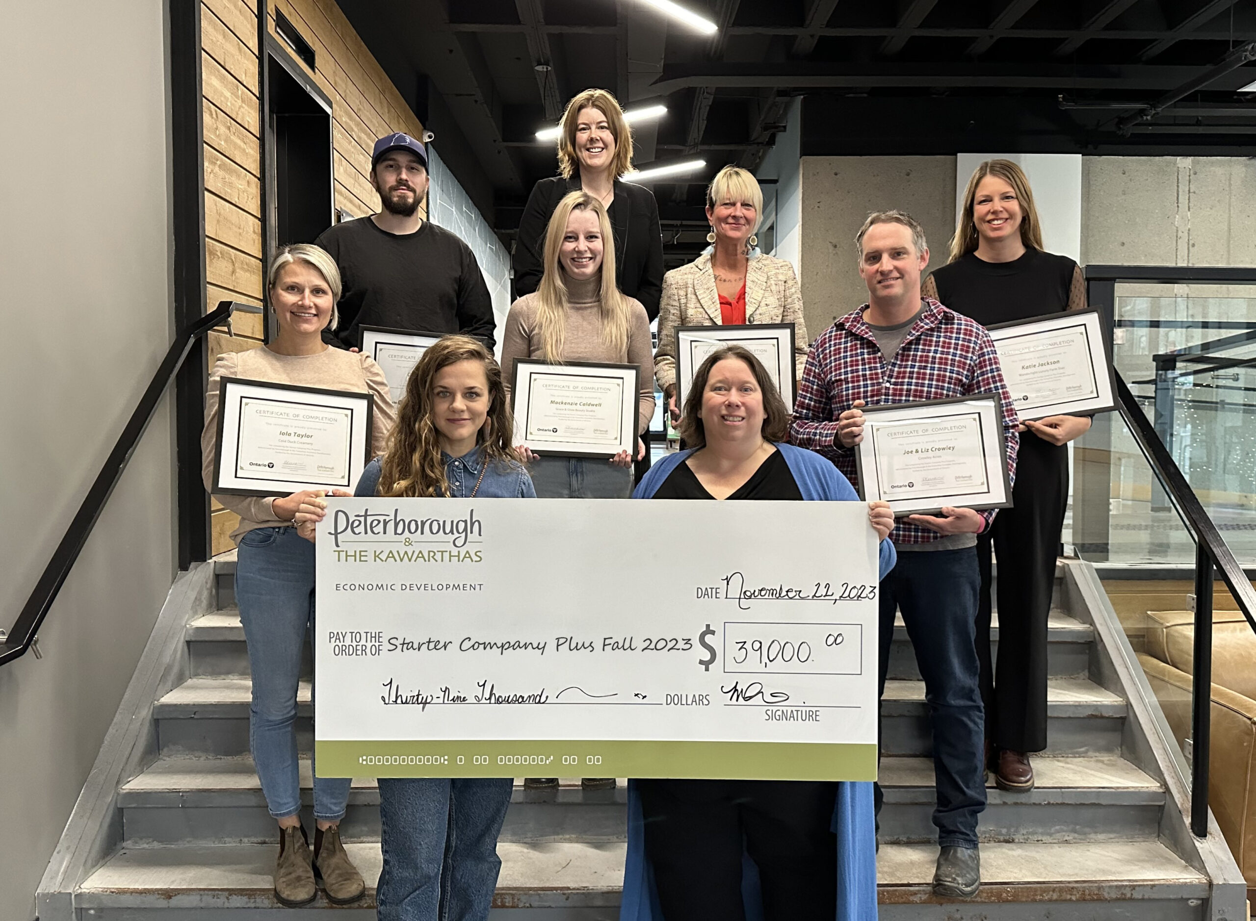 Photo of the Starter Company Plus grant recipients (Top: Madeleine Hurrell, Manager of the Business Advisory Centre; Middle left to right: Cody Lewis, Mackenzie Caldwell, Meaghan Kynock, Katie Jackson; Bottom left to right: Iola Taylor, Sara Scheuermann, Jordan Lyall, Joe Crowley)