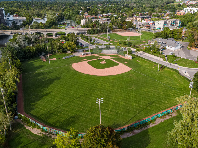 James Stevenson Park Baseball Diamond aerial image with Hunter Street Bridge in the background