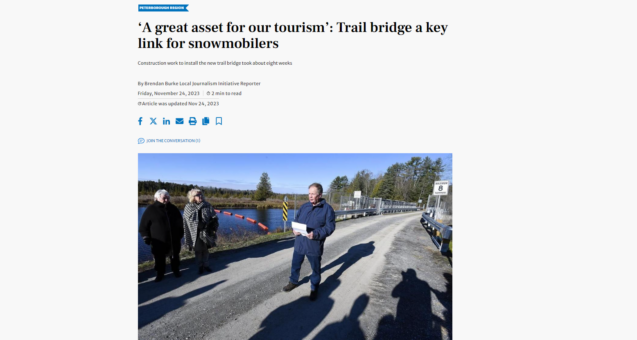 Screenshot of Peterborough Examiner Article. Text reads: ‘A great asset for our tourism’: Trail bridge a key link for snowmobilers