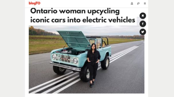 Screenshot of article. Text reads: Ontario woman upcycling iconic cars into electric vehicles