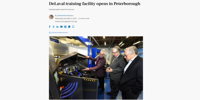 Screenshot of Peterborough Examiner article. Text reads: DeLaval training facility opens in Peterborough