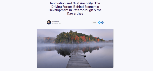 Screenshot of LocalIntel article. Text reads: Innovation and Sustainability: The Driving Forces Behind Economic Development in Peterborough & the Kawarthas