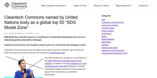 screenshot of article on cleantech named top 50 SDG model zone