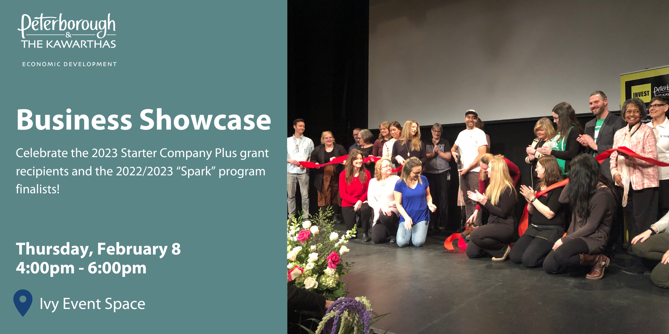 Business Showcase Event graphic. On the right hand side, a group of entrepreneurs gathered and cutting a red ribbon. On the left hand side, text that reads: Business Showcase. Celebrate the 2023 Starter Company Plus grant recipients and the 2022/2023 "Spark" program finalists. Thursday, February 8, 4:00pm-6:00pm. Ive Event Space