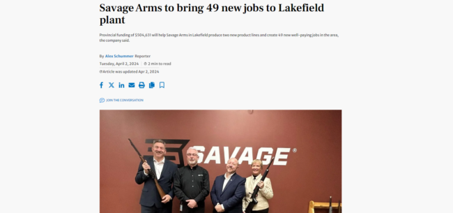 screenshot of Peterborough Examiner article. Title is: Savage Arms to bring 49 new jobs to Lakefield plant